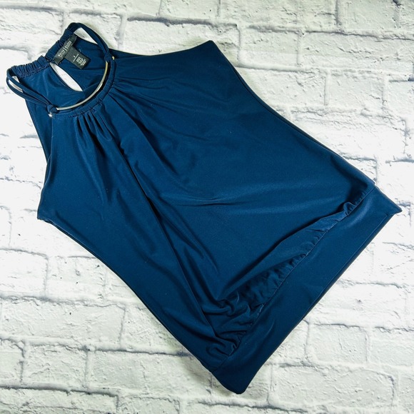 White House Black Market Tops - White House Black Market Navy Blue Halter Tank Top Metal Ring Detail Small